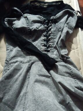 Lace-Up Corset Denim Dress in Gray with Black Lace